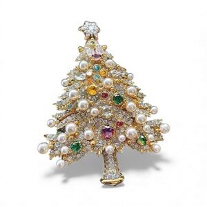 Elegant Gold Christmas Tree Brooch with Pearls and Gemstones